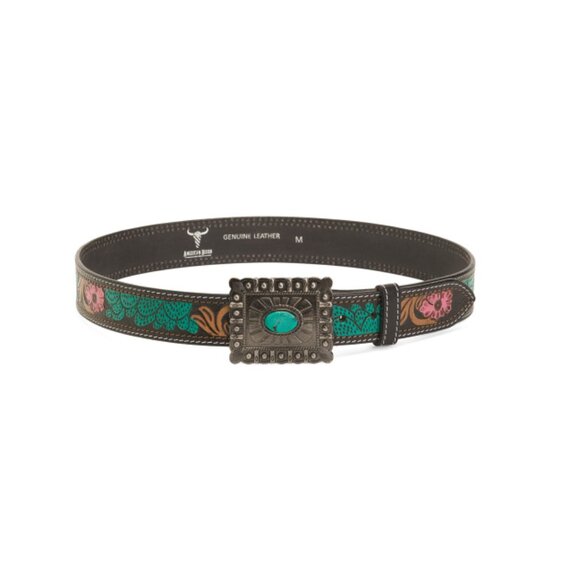 AMERICAN BISON Turquoise/Pink Leather Tooled Belt - Picture 1 of 1